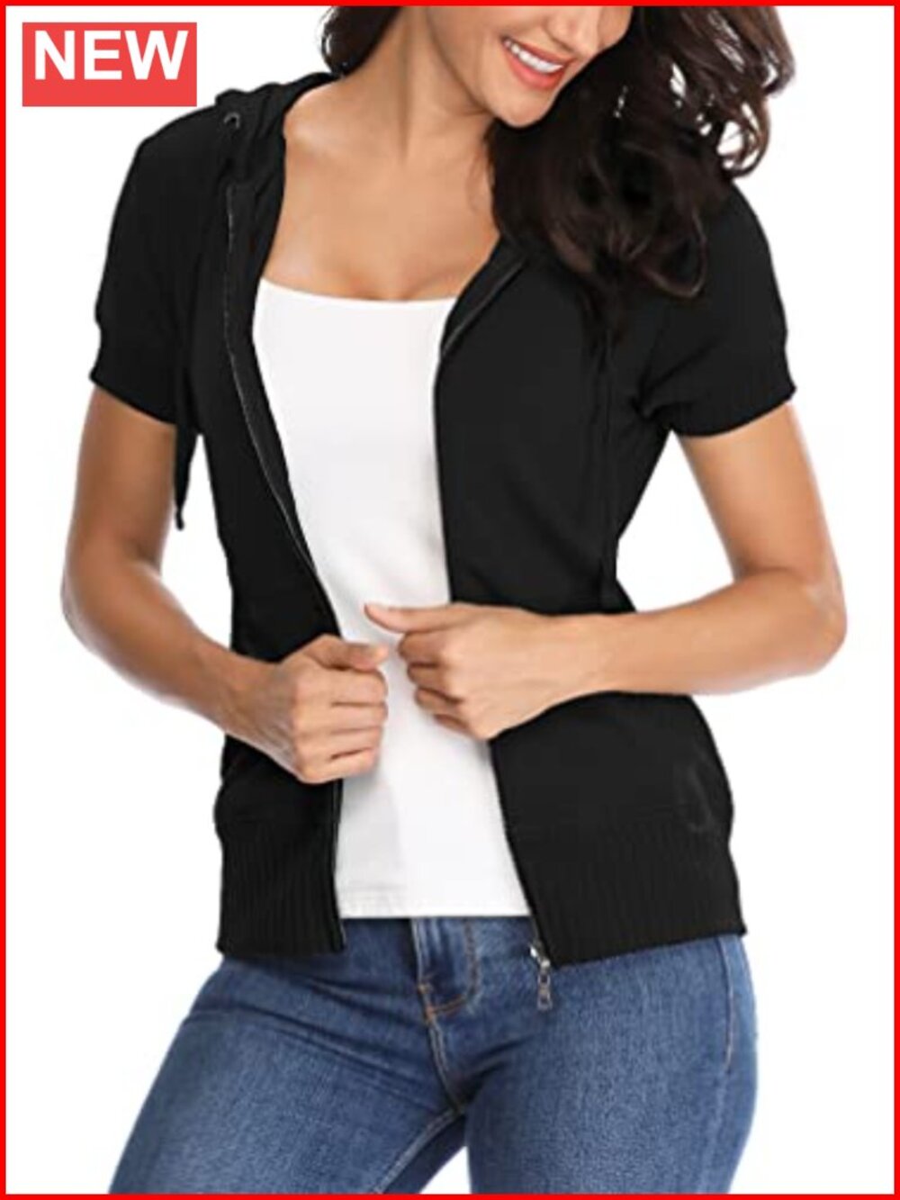 Womens Zip Up Hoodie Short Sleeve Lightweight Sweatshirt Pockets